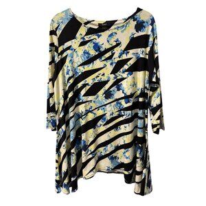 Alfani Woman Abstract Floral & Stripe Tunic Top 3/4 Sleeve Blouse Sz 1X Yellow/B